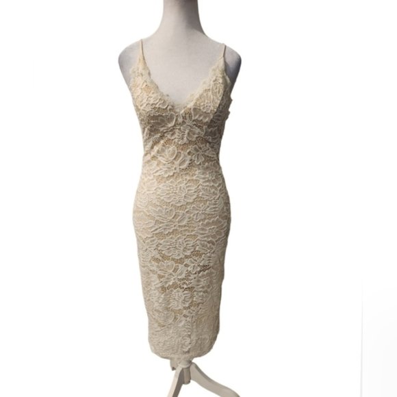 SOLD - Beautiful White Lace Midi Dress with Spaghetti Straps - Picture 1 of 9